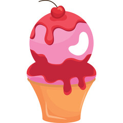 Pink ice cream cone with strawberry syrup and cherry on top transparent background