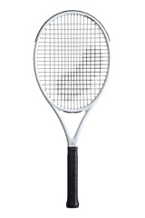 Sleek modern white tennis racket with black grip ready for professional play or athletic lifestyle content