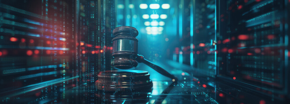 Digital Justice: A gavel rests atop a wooden block in a futuristic digital environment, symbolizing the intersection of law and technology, order and innovation.