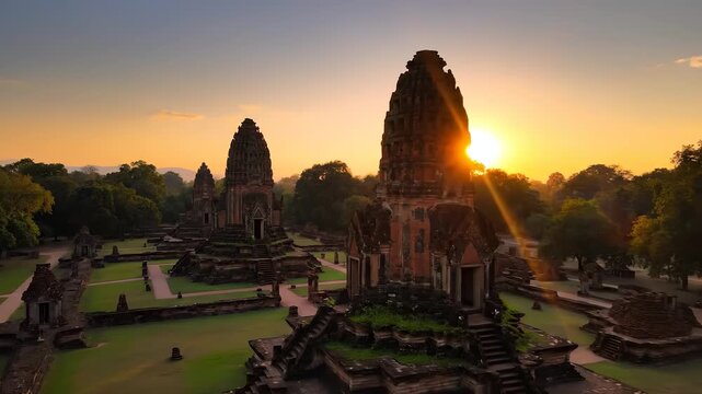 The ancient temple ruins are bathed in the golden light of the sunset, creating a tranquil scene. Each temple in the site stands tall, reflecting the beauty of the historical archi