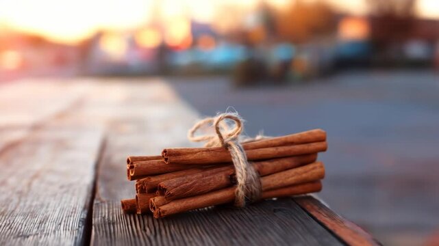 Cinnamon sticks tied with twine on rustic wooden surface with warm bokeh background aromatic spice for cooking baking and fall season