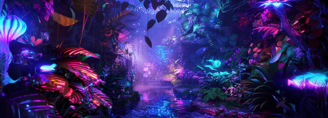 Fototapeta premium Mystical Jungle Wonderland: An enchanting digital artwork depicts a vibrant and colorful jungle scene. Glowing and lush vegetation thrives under neon lights.