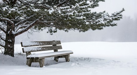 Find peace in the snowy winter landscape with a bench under a tree, perfect for holiday cards, seasonal promotions, and nature-themed content