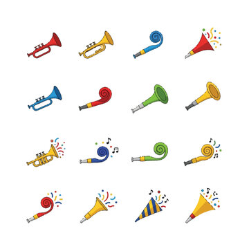 Collection of Colorful Party Horns and Trumpets for Celebrations.