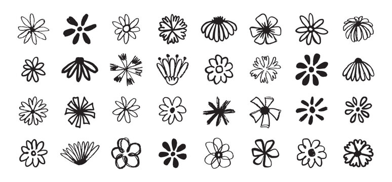 Flowers grunge brush doodle blossom icons set. Flowers Scribble ink hand drawn brush. Chamomile flowers markers crayons icons 