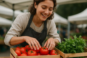 Happy woman selecting ripe red tomatoes at a local farmers market surrounded by organic fresh greens