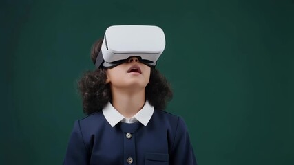Young student in VR headset looks up in awe, experiencing immersive digital learning or entertainment. Future technology in education for children. - Powered by Adobe