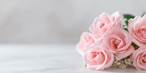 Delicate Pink Roses Bouquet on Marble Surface
