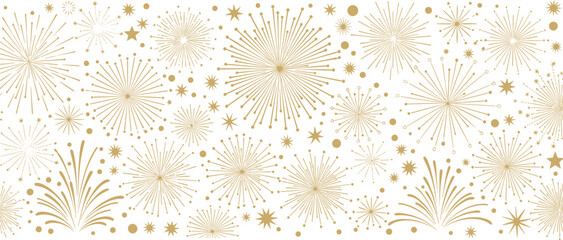 Elegant golden fireworks bursts and sparkling stars vector illustration forming a beautiful seamless pattern, perfect for festive celebrations, New Year's Eve, or special event backgrounds