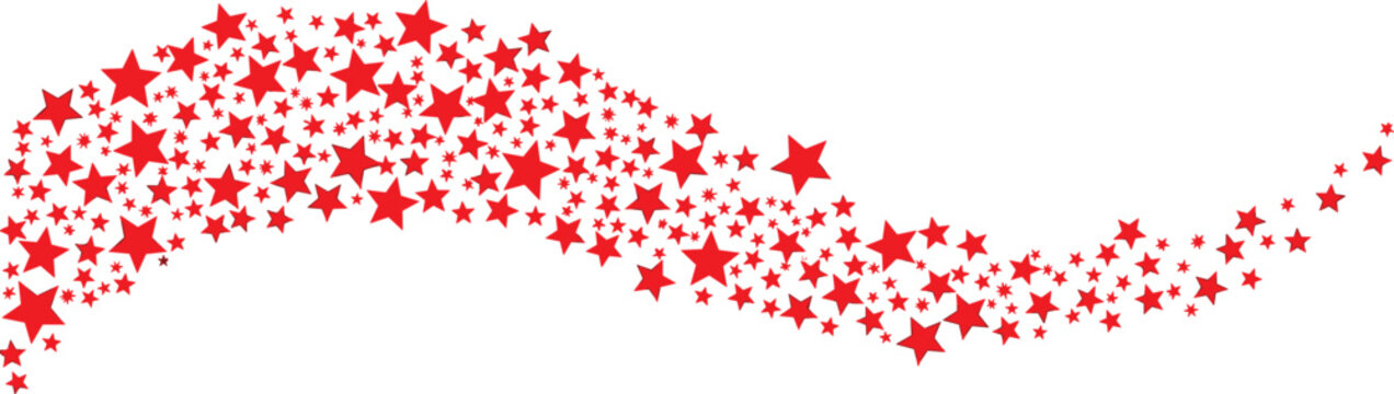 Abstract vector graphic of a flowing wave made of multiple red stars, creating a dynamic and festive trail on a white background