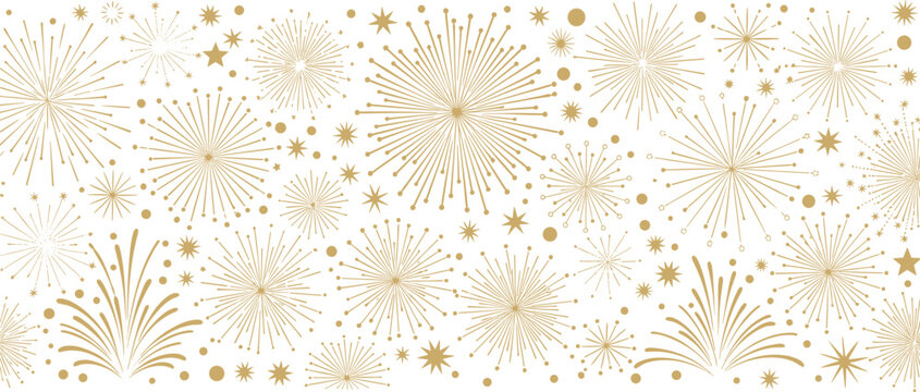 Elegant golden fireworks bursts and sparkling stars vector illustration forming a beautiful seamless pattern, perfect for festive celebrations, New Year's Eve, or special event backgrounds