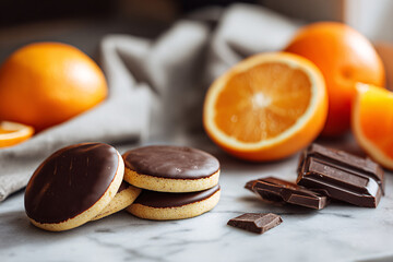 Chocolate-covered biscuits with fresh oranges and dark chocolate.