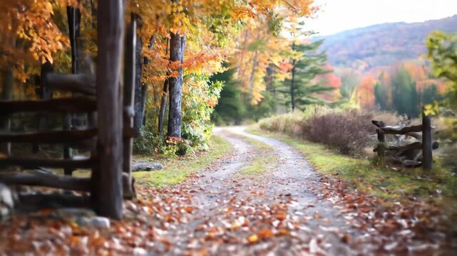 Autumn path with rustic wooden archway and vibrant fall foliage