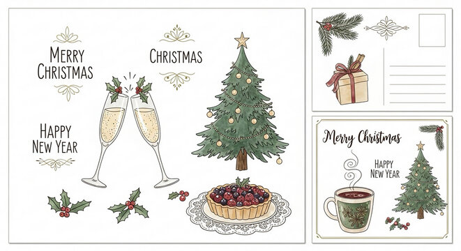 A set of hand-drawn Christmas and New Year illustrations including a tree, champagne, and holly, presented as card templates.