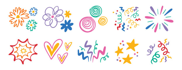 Abstract cute shapes sticker curve set. Colorful funny element organic symbol. Doodle flower and heart, star and confetti, trendy lines cartoon drawing style. 