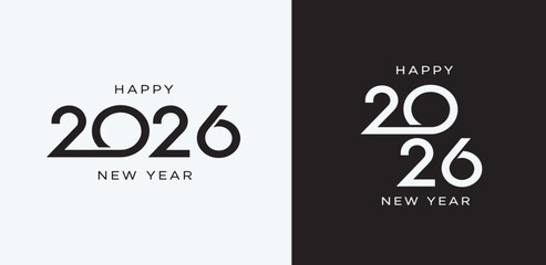 Modern and creative Happy New Year 2026 text design logo set. Minimalist typography for festive posters, banners, and greeting cards