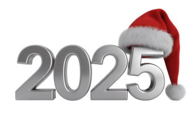 Celebrate the joyous arrival of 2025 with a festive Santa hat topping the metallic numbers!
