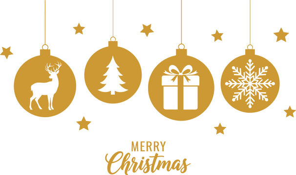 Festive golden Christmas ornament collection featuring classic holiday symbols like a majestic deer, evergreen tree, gift box, and intricate snowflake, ideal for seasonal design projects