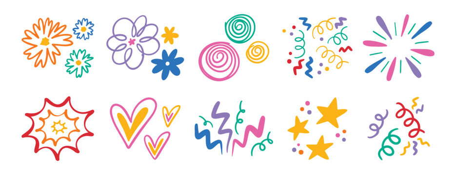 Naklejki Abstract cute shapes sticker curve set. Colorful funny element organic symbol. Doodle flower and heart, star and confetti, trendy lines cartoon drawing style. 