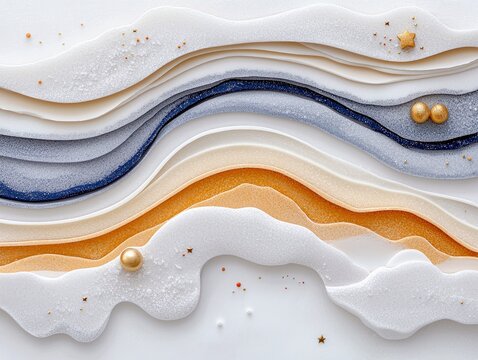 An abstract, layered composition featuring undulating waves of white, beige, dark blue, and gold, adorned with sparkling glitter and small decorative spheres an