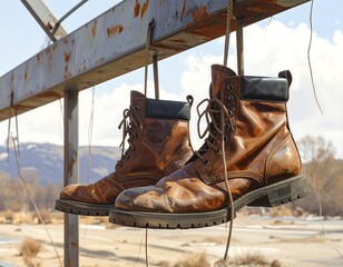 Weathered work boots suspended outdoors showcasing rugged durability and history