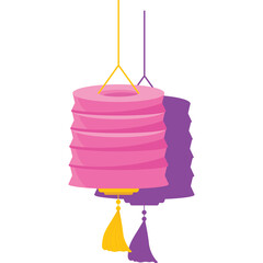 Pink Paper Lantern with Yellow and Purple Tassels Hanging and Casting Shadow on White Background...