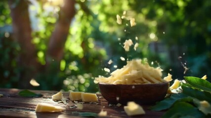 Shredded ingredient falling into rustic wooden bowl on table outdoors with green foliage and bright sunlight