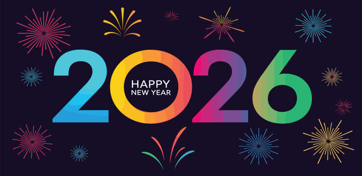 Happy New Year 2026 Celebration with Fireworks Colorful Festive Greeting - Powered by Adobe