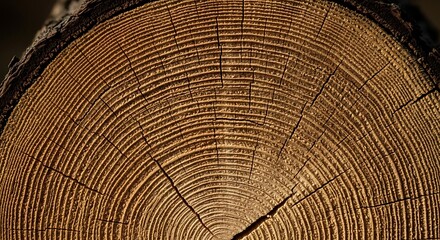 Naklejka premium Stunning close up of a freshly cut tree trunk showing the age rings and natural wood grain texture, perfect for backgrounds or nature-themed designs