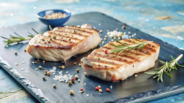 Panseared grilled pork steaks sizzle on a rustic stone slab, evoking a sense of rustic sophistication and savory delight