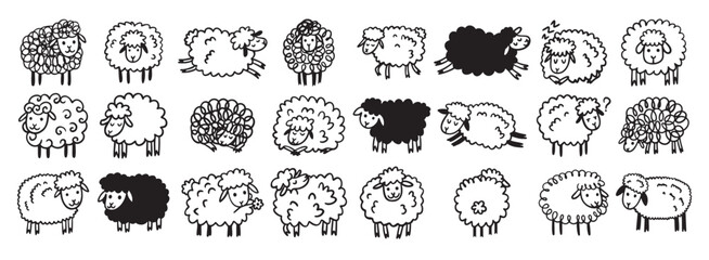 Doodle hand drawn funny cute sheep outline set. Drawing sheep