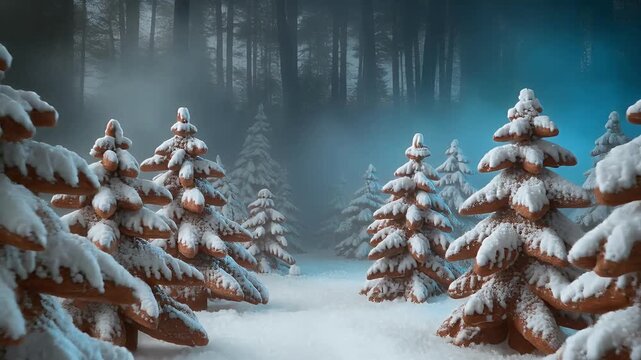 Whimsical winter forest of snow-covered gingerbread pine trees glowing with mystical blue light. Perfect for festive themes and holiday designs.