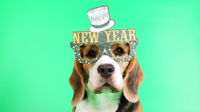  A beagle dog wearing party glasses with the inscription New Year. Happy New Year and Merry Christmas 2026 greeting postcard.  Isolated green background 