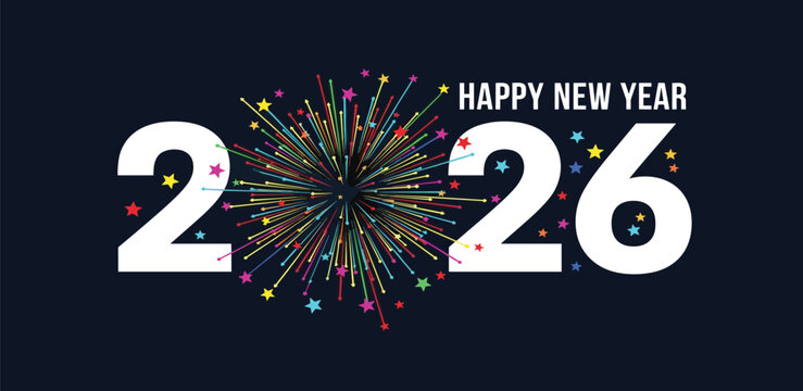 Happy New Year 2026 text with fireworks and stars on a dark blue background