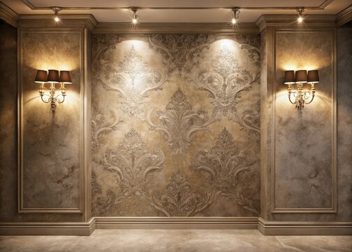 Elegant Venetian plaster wall in taupe hue serves as a sophisticated backdrop for decorative lighting