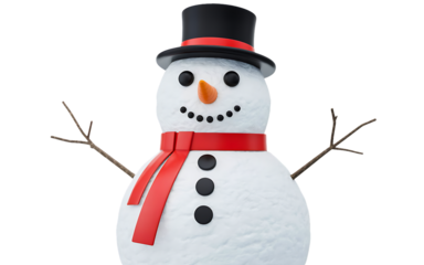 A delightful 3d snowman with a top hat, scarf, and carrot nose, isolated on transparent background, bringing the holiday spirit to any project with its cheerful design