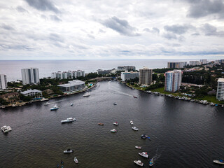 Aerial Drone of Florida, light house pointe, west palm beach, sunrise, beach, lake boca