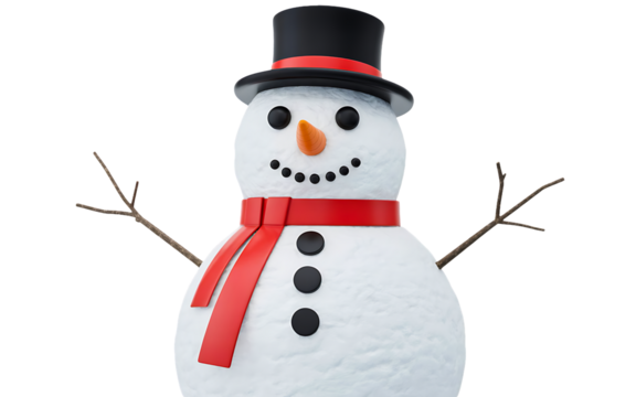 A delightful 3d snowman with a top hat, scarf, and carrot nose, isolated on transparent background, bringing the holiday spirit to any project with its cheerful design