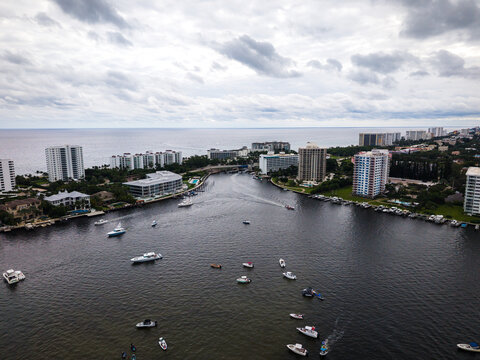 Aerial Drone of Florida, light house pointe, west palm beach, sunrise, beach, lake boca