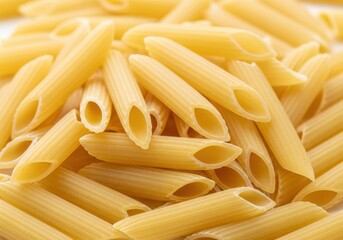 Pile of dry ridged tubular pasta pieces filling the frame against a white background