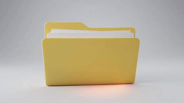 A clean 3D render of a yellow office folder with papers, symbolizing organization, data, and digital files. Ideal for business and technology themes.