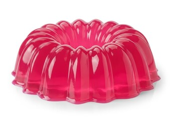 Translucent pink gelatin dessert molded into a decorative ring shape rests on a white background.