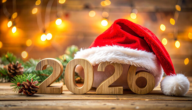 Wooden numbers 2026 with red Santa hat and pine cones on rustic wooden table with warm glowing lights creating festive holiday atmosphere - Powered by Adobe