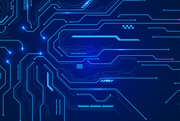 Tech Circuit Board Layout with Blue Neon Glow. High-tech PCB layout with bright neon center light and smooth electronic line patterns.