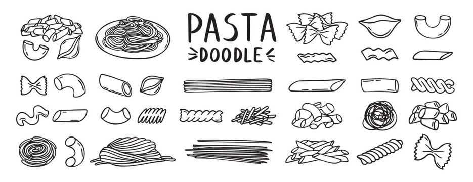 Pasta, spaghetti, vermicelli, macaroni feathers, horns, shells, butterflies doodle hand drawn icon set. Outline drawing wheat dough food line clipart symbol collection
