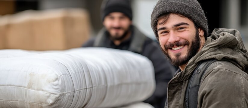 Two men carrying bulky items outdoors