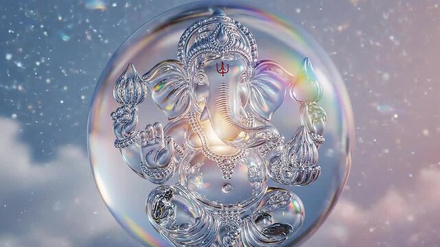 Lord Ganesha In Crystal Bubble With Glittering Star Dust And Soft Cloudy Sky Background 4K Animation For Religious Festival Celebration