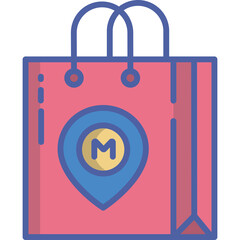 Pink shopping bag with blue location marker and yellow circle containing letter M isolated on transparent background flat design