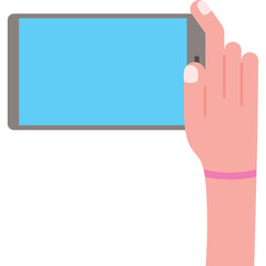 Pink Skin Tone Hand With Light Blue Screen Tablet Device Held Horizontally By A Single Digit Finger And Thumb Against White Background