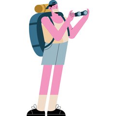 Pink Skinned Hiker With Blue Backpack and Binoculars Gazing Into Distance Wearing Tan Vest Light Blue Jean Shorts And White Socks On Transparent Background